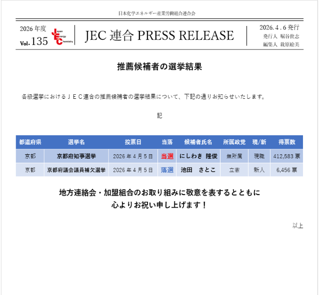 JEC連合PRESS RELEASE vol.135　京都府知事選挙、京都府議会議員補欠選挙　選挙結果