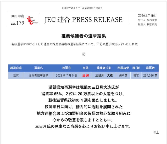 JEC連合PRESS RELEASE vol.179　滋賀県知事選挙　選挙結果