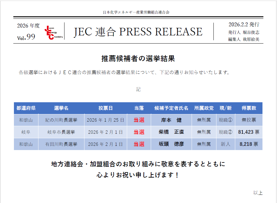 JEC連合　PRESS RELEASE 2026　Vol.99　紀の川町長選挙、岐阜市長選挙、有田川町長選挙 結果報告